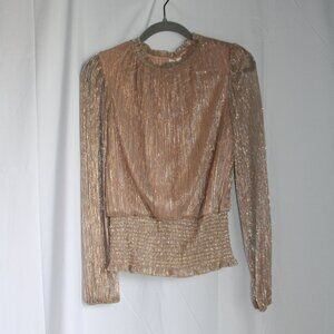 NWT Joie Shimmer Holiday Blouse Gold High Neck Smocked Waist Long Sleeve Size S